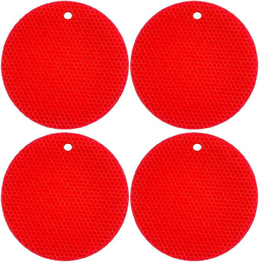 7-Inch Round Trivet Mats - 4 Pack Silicone Hot Pads, Non-Slip Heat Resistant, Dishwasher Safe, Ideal as Round Dab Mat (red)