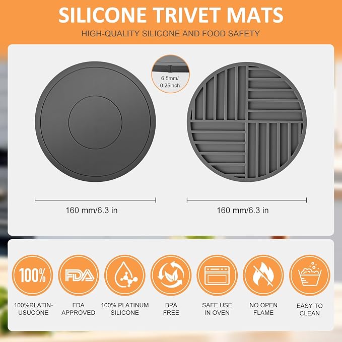 Silicone Trivet Mats 6 Pack Trivets for Hot Dishes Hot Pads for Kitchen, Trivets for Hot Pots and Pans,Heat-Resistant Non-Slip Dinner Plate Mat (Gray)