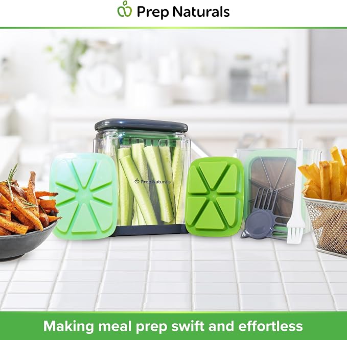 Prep Naturals 3-in-1 Manual French Fry Cutter - Interchangeable Blades for Potato Cutter & Fry Slicer - Functions as Potato Dicer & Food Dicer - Includes Safety Glove - Medium, Gray
