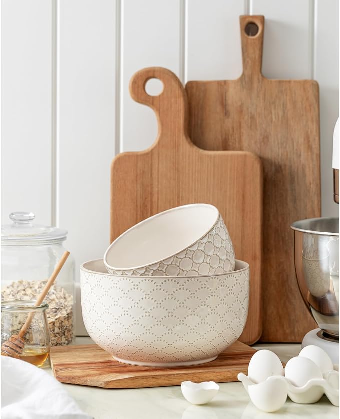 Mikiegy Ceramic Mixing Bowls Set of 2, Nesting Ceramic Embossment Stoneware Mixing Bowls for Cooking, Serving, Popcorn, Salad etc, Microwave & Dishwasher Safe, 44/98 oz, Off-White