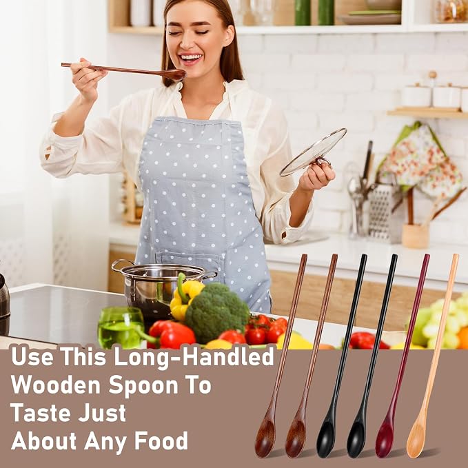 JIEYAO 6 Pcs 13 Inch Long Handle Wooden Spoon for Cooking, Wood Mixing Tasting Tea Spoons Long Honey Stirrer Vintage Utensils Coffee Cocktail for Kitchen