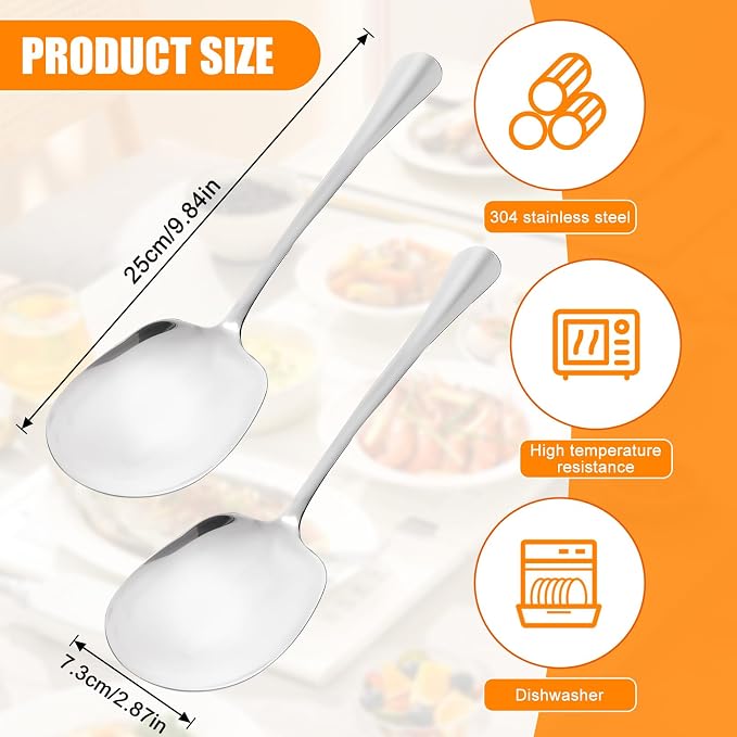 JIEYAO 2 Pcs Large Serving Spoons, 9.8“ Stainless Steel Cooking Spoon, Long Handle Soup Spoons Buffet Serving Tablespoon Tabletop Flatware Serving Utensil for Serving Spoons Set Kitchen Tool