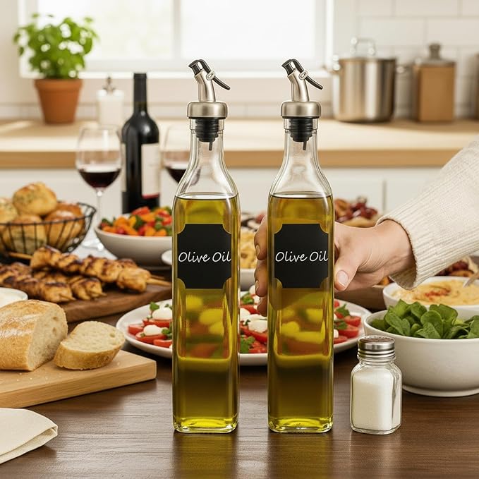 WERTIOO Oil Bottles for Kitchen 2 Pack, 17oz Oil and Vinegar Dispenser Set | 500ml Olive Oil Dispenser Bottle for Kitchen, with 4 Plastic Pourer, 1 Stainless Steel Funnel, Pen and Label