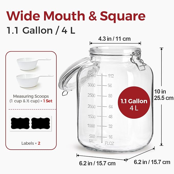 Large Glass Jars with Airtight Lids 1.1 Gallon 2 Pack Flour Jar | Wide Mouth, Scoop Included, Flour Sugar Storage Containers,Baking Supplies,Leak Proof,BPA-Free,Pantry Organization, Pickling