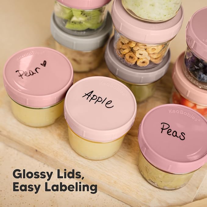 KeaBabies 12pk 4oz Glass Baby Food Containers with Lids, Leak-Proof (Roseate) | Microwavable Small Glass Jars, Baby Purees, Toddler Snack Storage Containers, BPA-Free, Dishwasher-safe, Freezer Safe