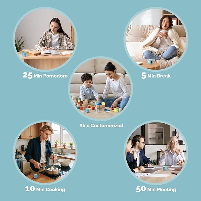 KADAMS Visual Timer – Cube Pomodoro Timer, LED Countdown Ring & Count Up Mode, Silent Flip Productivity Timer for Study, Classroom, Office, Cooking (Blue 5-10-25-50 min)