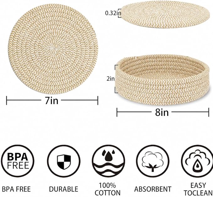 Coga Trivets for Hot Dishes, 5 Pack 7 Inch Cotton Hot Pads for Kitchen with Storage Basket, Round Pot Holders for Kitchen, Heat Resistant Mats for Countertop, Pots and Pans, Farmhouse Decor, Mix Beige
