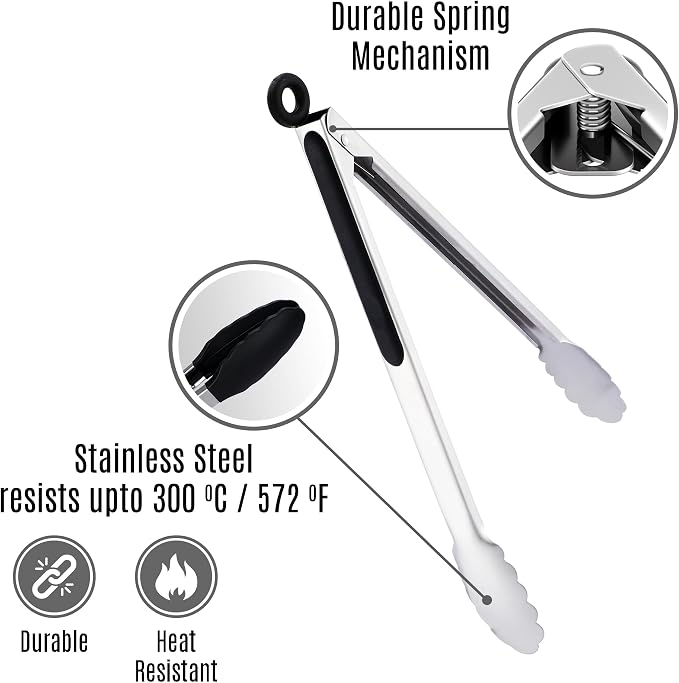 Stainless Steel Kitchen Tongs with Silicone Tips,Stainless Steel Tongs for Cooking, Grilling, BBQ & Serving, Grill Tongs, Non-Stick and Dishwasher Safe (Pack of 2 Black & Silver)