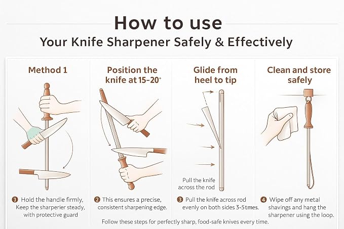 Honing Steel Rod 10 Inch, High Carbon Sharpening Steel Knife Sharpener with Non-Slip Ergonomic Handle, Professional Rod for Kitchen, Chef & Butcher Knives, Gift Box Included
