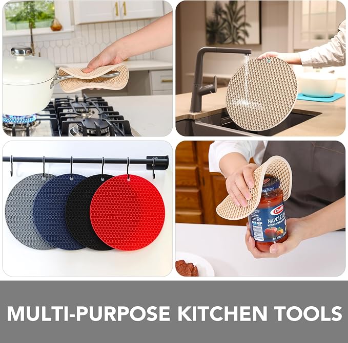 4 Pack Silicone Trivet for Hot Dishes | Heat Resistant Silicone Pot Holders for Kitchen Countertops, Hot Dishes, Jar Opener, Spoon Holder, Easy to Wash, Khaki