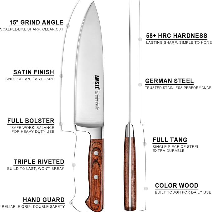 8 Inch Chef Knife German 7Cr17MoV Carbon Steel Full Tang Pakkawood | German 7Cr17MoV steel + full tang construction + 15° razor edge + ergonomic pakkawood handle. For slicing, dicing, chopping