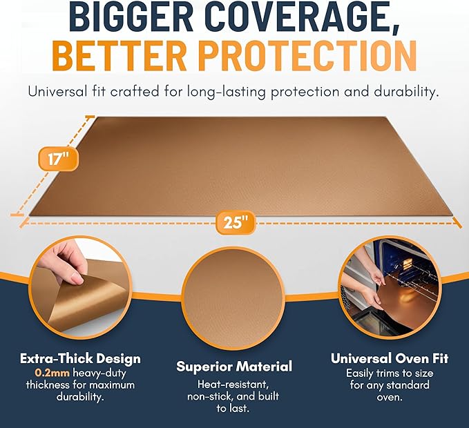 Oven Liners for Bottom of Oven - 2 Pack Large Heavy Duty Mats, 17”x25” Non-Stick Reusable Liner for Electric, Gas, Toasters, Grills - BPA & PFOA Free Kitchen Accessory to Keep It Clean (Copper)