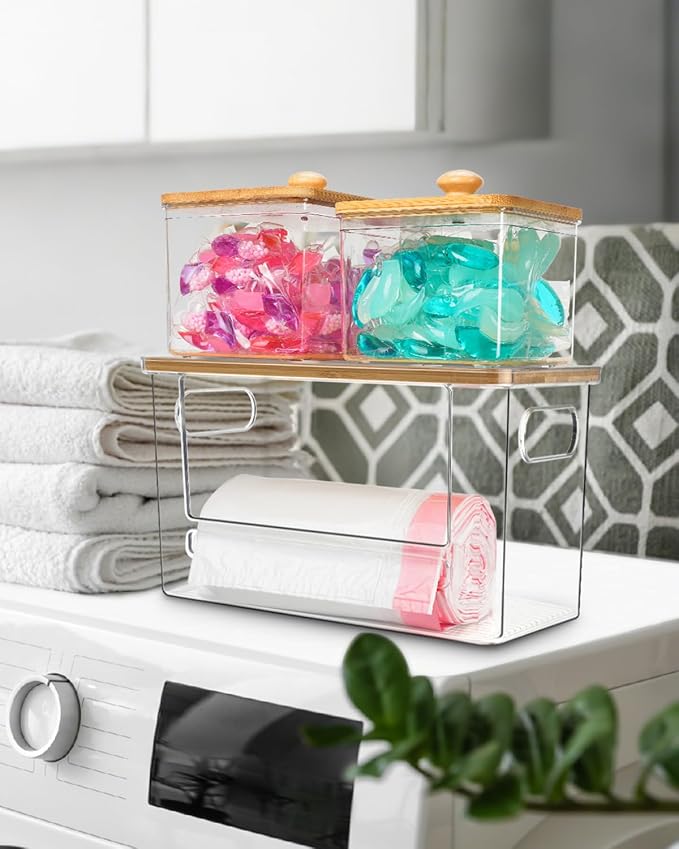 Trash Bag Dispenser 2 Pack - Under Sink Organizer, Plastic Bag Holder | Stackable Acrylic Garbage Bag Storage with Bamboo Lid for Kitchen Cabinet, 13/30/33 Gallon Grocery Bag Dispenser