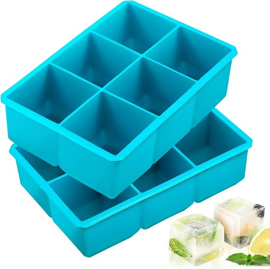 Webake 2 Inch Large Ice Cube Tray, Flexible Ice Mold Silicone Big Ice Cube Trays for Whiskey Cocktails and Treats, BPA Free Blue Square Silicone Mold Pack of 2