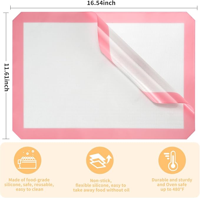 Luckyiren 2 Pack Silicone Baking Sheet Liners, Half Sheet Pan, Pink/White | Two 16.54 x 11.62 in pink silicone baking sheet liners fit half sheet pans; reusable nonstick mats for cookies and pastry.