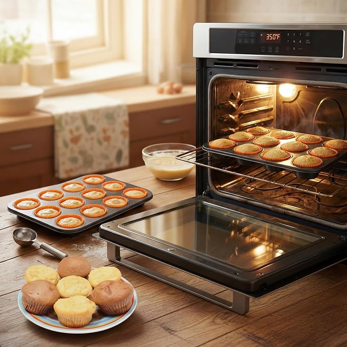 2 Set 12-cup Non Stick Carbon Steel Muffin Pan for Baking with 24 Reusable Silicone Liners, Non Toxic Cupcake Pan Muffin Tin for Easter Wedding Brownies Egg Bite, Easy to Pop(Orange)