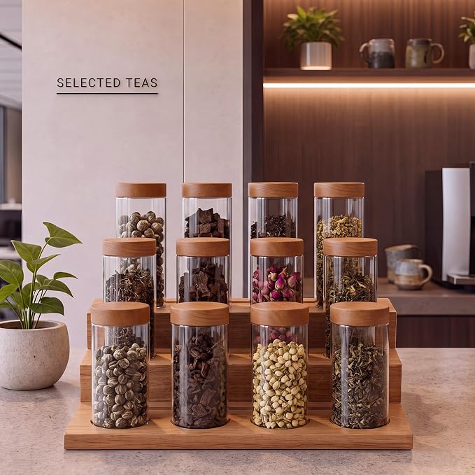 12 Pack 15oz Clear Tea Storage Containers with Airtight Lids 15oz Plastic Food Storage Jar with Acacia Wood Lids for Loose Tea Coffee Sugar Candy Herbs and Spices