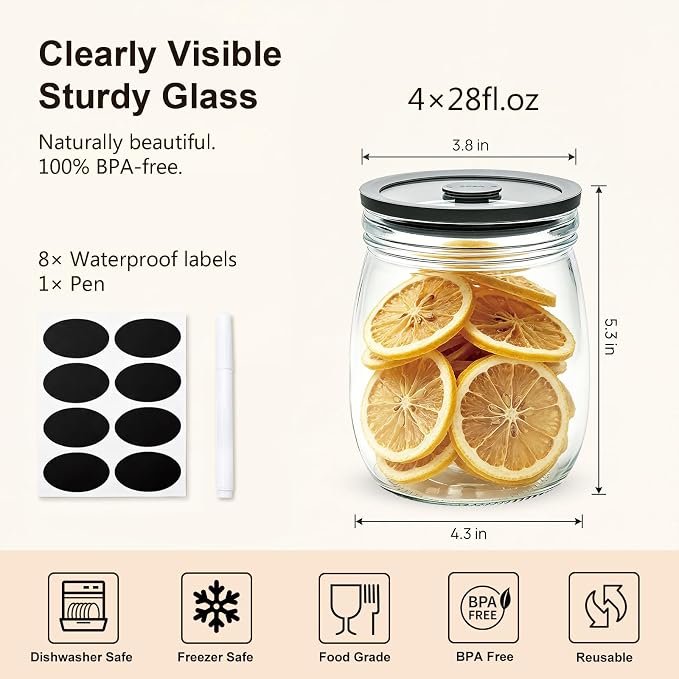28oz 4 Pack Glass Canisters with Airtight Lids, Glass Storage Containers | Glass Canisters with Airtight Lids, Wide Mouth Mason Jars for Salad, Cookie, Overnight Oats, Canning, Fermentation, Pickling