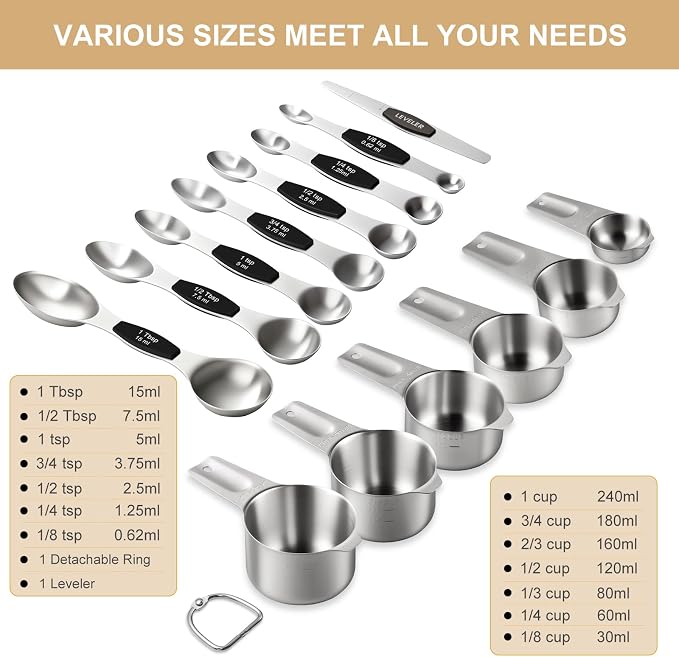 Stainless Steel Measuring Cups & Spoons Set, EWFEN Kitchen Tools Nesting Measuring Cups and Spoons, Fits in Spice Jars for Baking & Cooking, BPA Free, Set of 15 with Leveler, Black