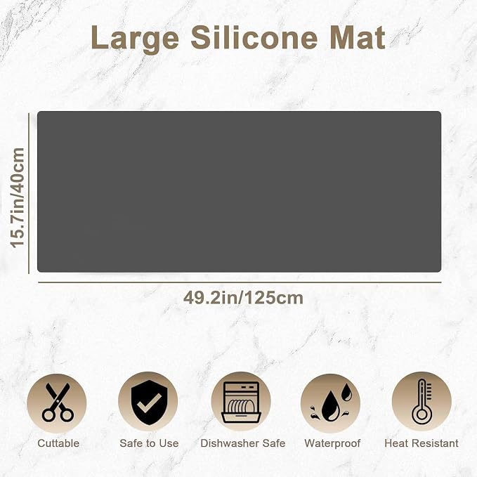 49.2"x15.7"(125cmx40cm) Large Silicone Mats for Kitchen Counter, Non-Slip Placemats, Heat Resistant Countertop Protector, Waterproof Craft Mat, Semitransparent