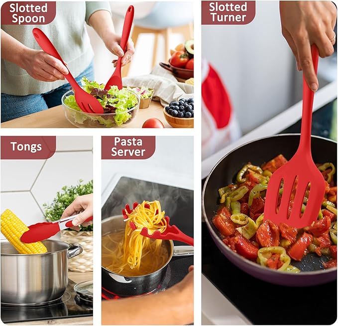 Silicone Cooking Utensils Set of 10, Kitchen Utensils Set for Cooking, 446°F Heat Resistant Silicone Kitchen Tools with Turner Spatula, Soup Ladle, Serving Spoons, Tongs for Nonstick Cookware - Red