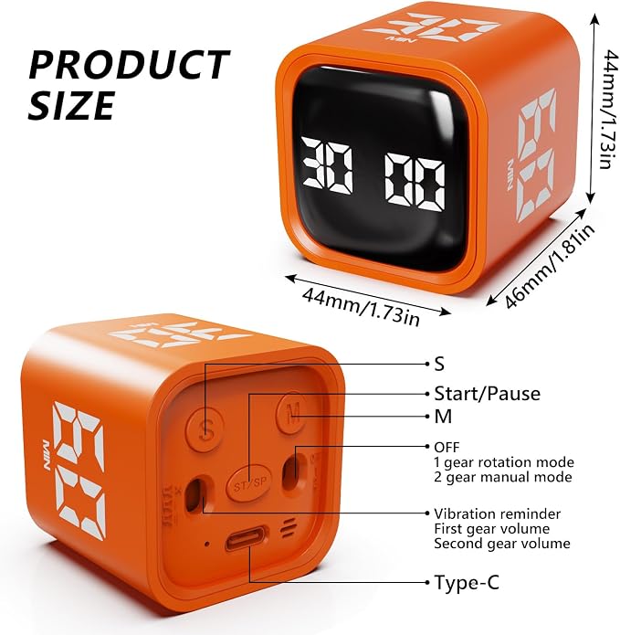 GuDoQi Multi-Function Cube Timer, 5/10/30/60 Min & Custom Count Down, Included Pause & Resume Feature, Silent, Vibrate & Adjustable Sound Alarm for Productivity in Tasks, Study & Kitchen, Orange