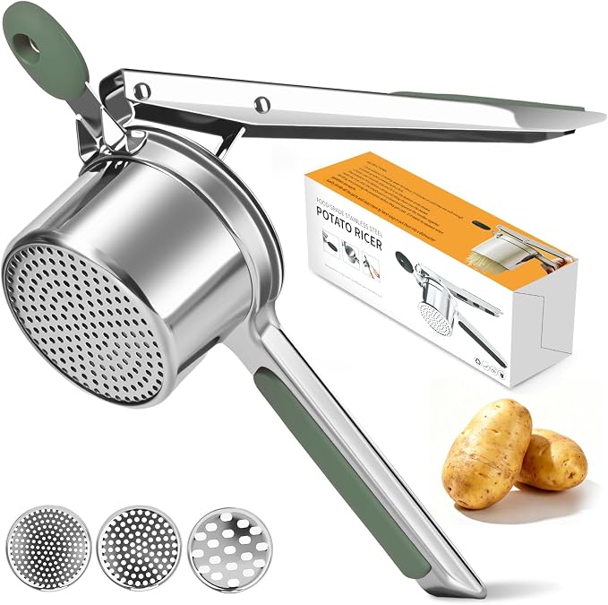 Potato Ricer for Mashed Potatoes-Stainless Steel 15oz | Large Capacity,All Clad,Heavy Duty,Ergonomic Handle for Spaetzle,Oranges, Lemons, Pumpkins, Carrots, Avocados(GREEN)