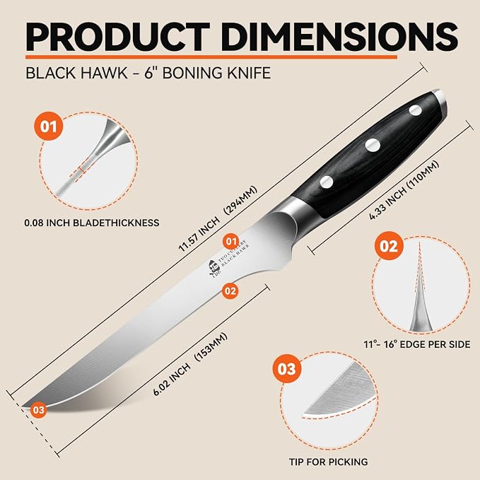 TUO Boning Knife, 6 inch Fillet Knife for Trimming Fat from Meat, Deer Skinning, Full Tang Handle, High Carbon German Steel, for Poultry Lamb Meat Cutting - Black Hawk Series