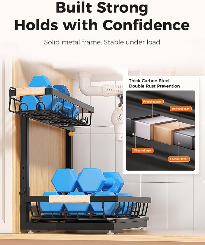 2-Pack 2-Tier Height Adjustable Under Sink Organizer & Storage | Multi-purpose storage for kitchen & bathroom cabinet. Extra Large black shelf, height adjustable design for space-saving.