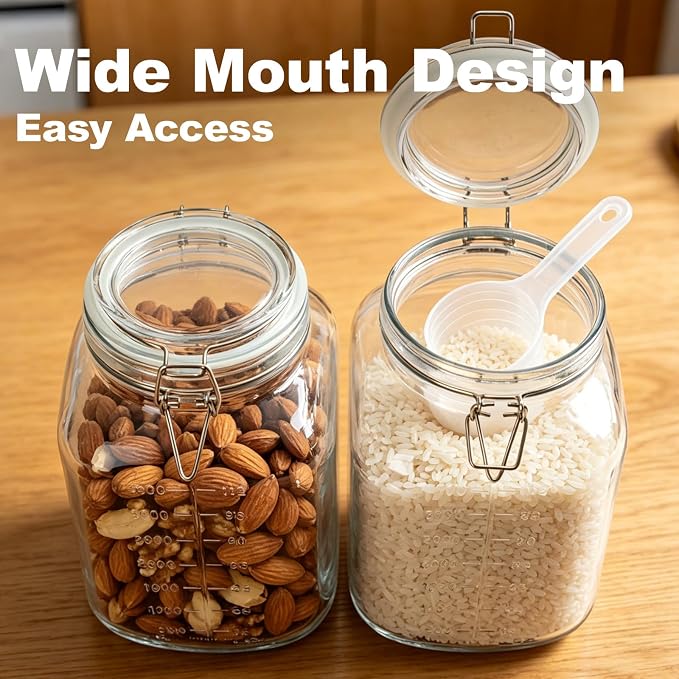 2 Pack 1.1 Gallon Square Super Wide Mouth, Airtight Glass Storage Jars, with Measurement Marks, Leak-Proof Lids for Kitchen Pantry, Canning, Dry Food (Flour, Sugar) & Drinks