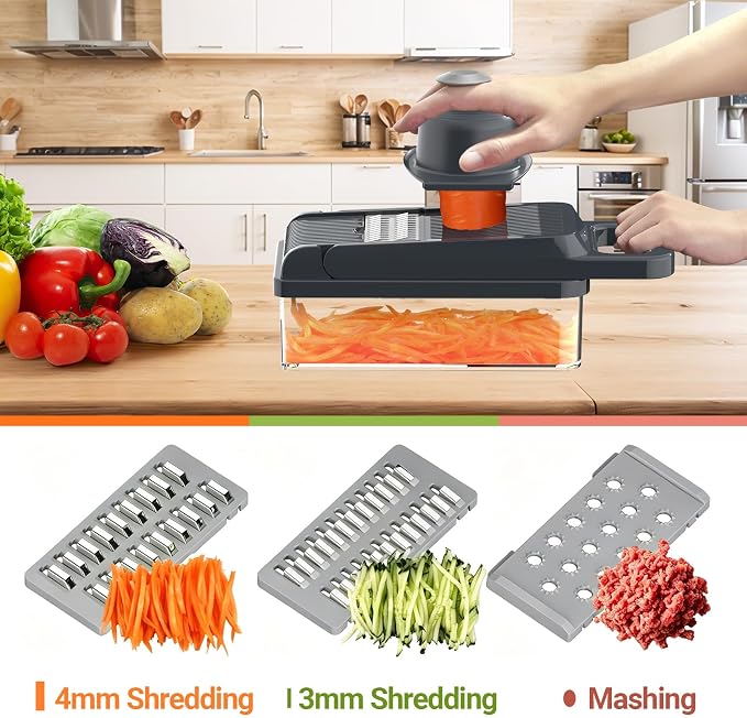 StoreHappily 12-in-1 Vegetable Chopper, 10 Blades Veggie Chopper with Container and Lid, Dicer, Slicer, Multifunctional Kitchen Gadgets, Vegetable Cutter with Handle, Onion Cutter(Grey)