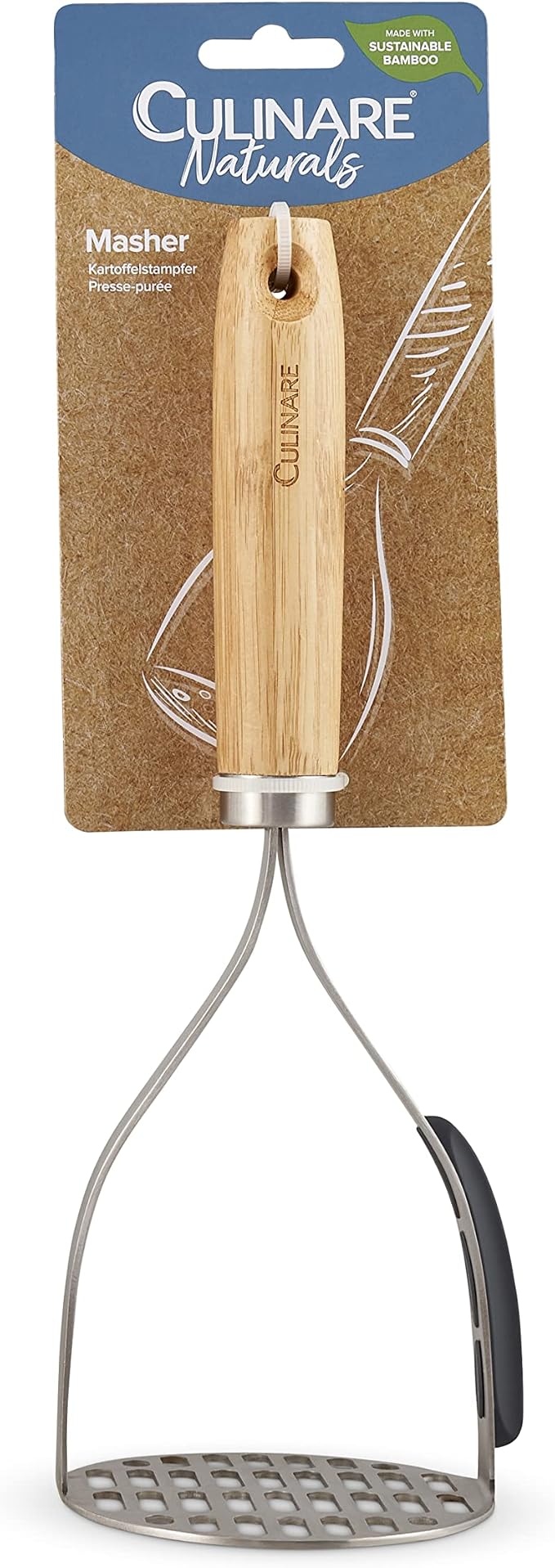 Culinare Naturals C70008 Masher | Sustainable Bamboo/Stainless Steel | (L)270mm x (W)105mm | Manual Hand Held Mashing Tool/Kitchen Utensil | Metal Masher/Includes Pan Scraper | Not Dishwasher Safe