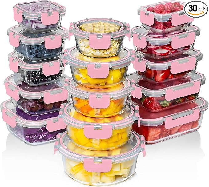 Razab 30 PC Glass Food Storage Containers with Lids - Reusable Glass Meal Prep Containers for Lunch and Leftovers - Airtight & Leakproof Snap Locking Lids - Oven, Freezer, Microwave, Dishwasher Safe