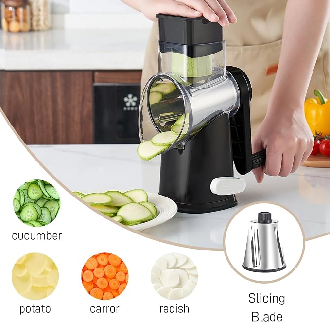 Weltonhm Rotary Cheese Graters with 4 Blades, Hand Crank Cheese Grater with Waffle Slicer, Black and White Cheese Shredder with Suction Base, Easier for Shredding & Grating (Black, 4 Graters)