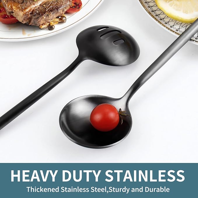 5-Piece Matte Black Stainless Steel Serving Utensils Set - Large and Slotted Spoons, Fork, Sugar Spoon, Butter Knife - Dishwasher Safe