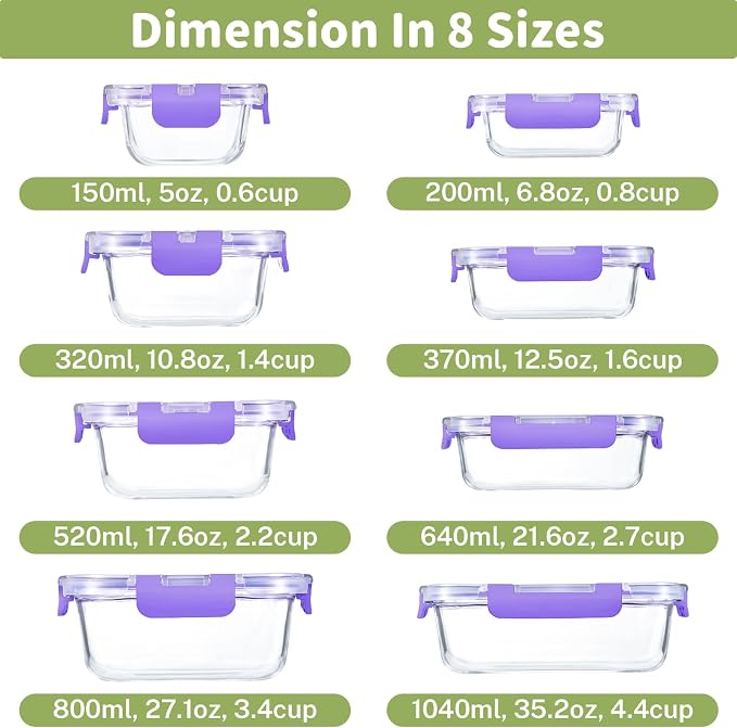 HOMBERKING 8 Pack Glass Food Storage Containers with Lids, Meal Prep Containers, Airtight Bento Boxes with Leak Proof Locking for Microwave, Oven, Freezer and Dishwasher, BPA Free, 5-35oz, purple