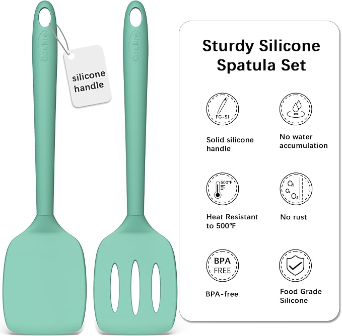 Coukre 2 Pack Silicone Spatula Set, High Heat Resistant, BPA Free Kitchen Spatula, Solid & Slotted Turner for Non-Stick Pans, Sautéing, and Flipping (2, PureAquaGreen)
