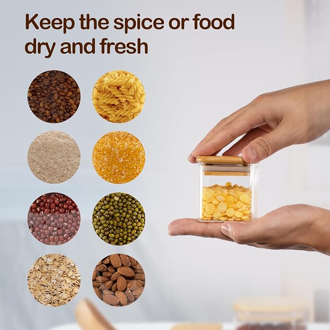 D2scrma 4oz Airtight Square Spice Containers with Bamboo Lid Set of 12 (120ml) with Black Lables Storage Stackable Spice Jar, Kitchen Canister for Sugar, Tea, Flour, Salt and Seasonings