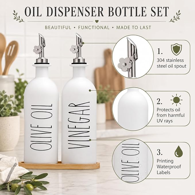 HOMCDALY 16oz Olive Oil Dispenser Bottles for Kitchen, White Oil and Vinegar Dispenser Set, Two Olive Oil Bottles with Bamboo Tray | Set of 2 (16oz-P-White)