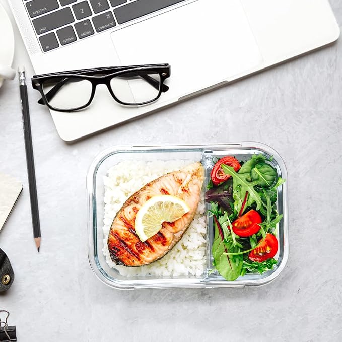 M MCIRCO 5 Pack,36 oz, 2 Compartments Glass Meal Prep Containers with Lids | Divided Glass Food Storage Containers, Portion Control Lunch Containers, Microwave, Oven, Freezer, Dishwasher, 4.5 Cups, Gray