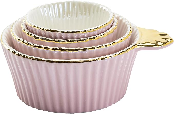 Gracie China by Coastline Imports Gold Trim Pink Porcelain Fluted 4-Piece Measuring Cup Set