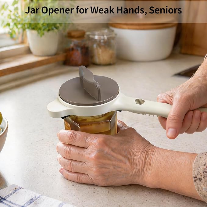 Jar Opener for Weak Hands, Seniors with Arthritis, 4-in-1 Multi-Purpose Lid Opener Includes Magnetic Hook & Rubber Gripper for Jars, Bottles and Beer Caps (Beige)