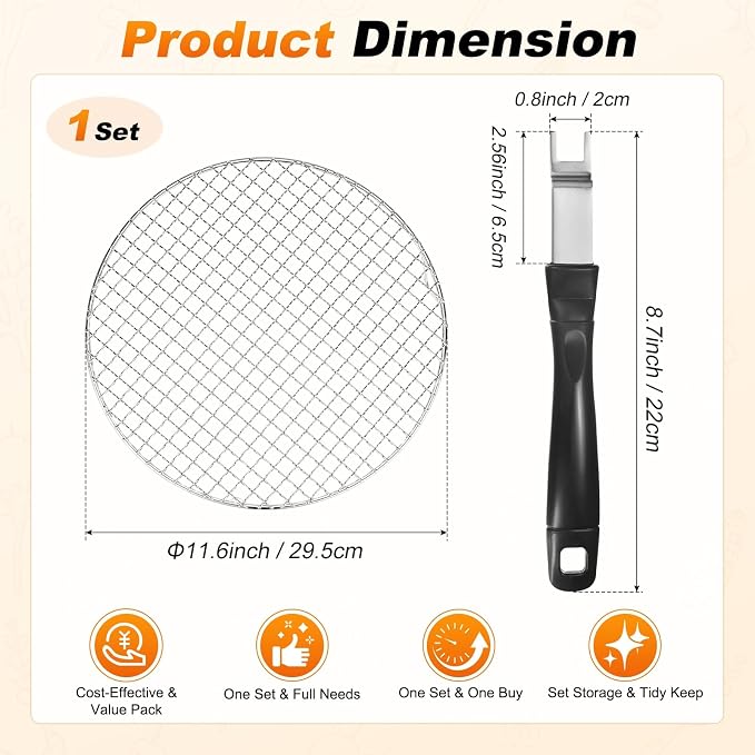 M METERXITY 2-Pack Cooling Rack 11.6" Round 201 Stainless Steel, Silver | Cross Wire Grate Cooling Racks with Grill Grate Lifter for Grilling, Cooking, Steaming, Baking