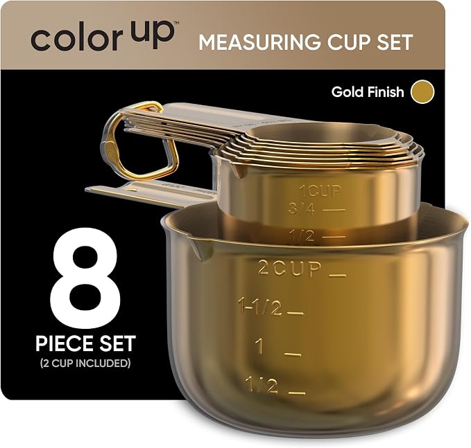 Color Up Measuring Cup Set, 8 Piece – Includes 2 Cup, Gold Finish, Stainless Steel, Accurate for Wet & Dry Ingredients, Embossed Markings, Easy-Pour Spouts, Dishwasher-Safe, Kitchen Essential