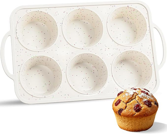 Jumbo Muffin Pan with Metal Frame Nonstick 6 Cup Extra Large Silicone Cupcake Pan for Baking, Deep Jumbo Muffin Tray for Egg Bites Muffins, Confetti Color Cream Gifts for Mom Home Baker（1 Pc）