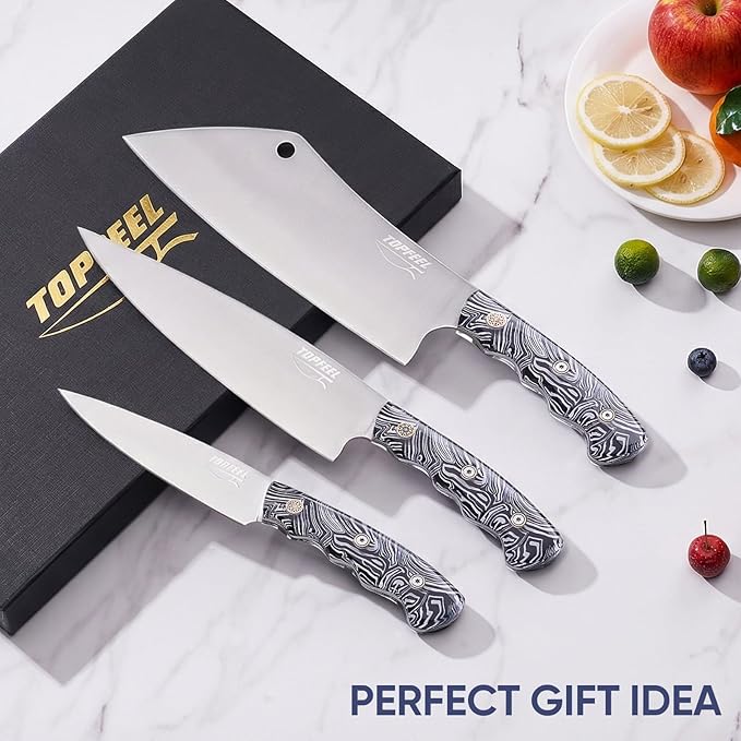 Topfeel 3PCS Professional Chef Knife Set, Ultra Sharp Japanese Kitchen Knife, German High Carbon Stainless Steel 8" Meat Cleaver 8" Chef's Knives 5" Utility Knife with Gift Box