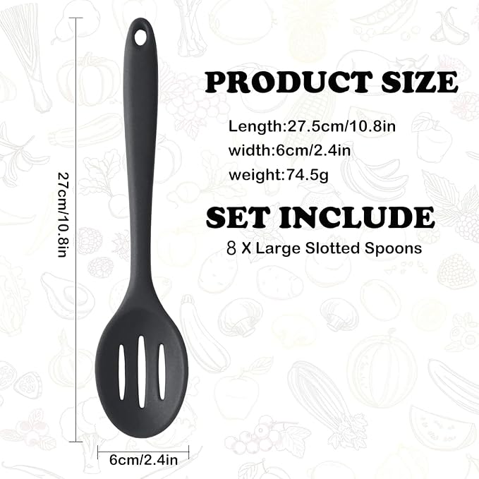 Linwnil 4 Pieces Silicone Slotted Spoons,10.6 Inch Nonstick Mixing Serving Spoons for Kitchen Cooking Bake Stir Draining Tool (8, Black)