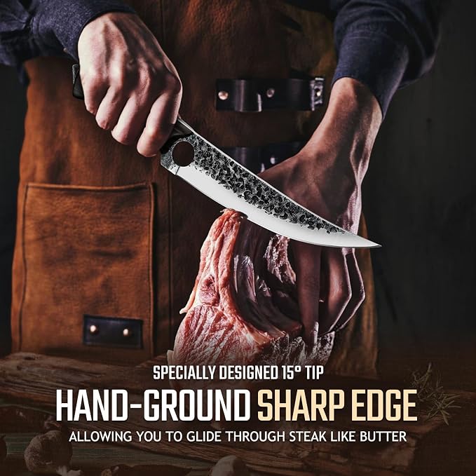 Huusk Viking Boning Knife 6 inch, Japanese Boning Knives for Meat Cutting, Full Tang Fillet Knife with Sheath, Brisket Trimming Knives for BBQ, Camping, Christmas Gift for Men and Women