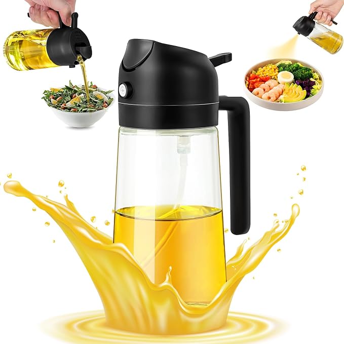 2 in 1 Oil Dispenser and Sprayer, 470ml Glass Bottle for Kitchen, Cooking, Air Fryer, Salad, BBQ (Black)