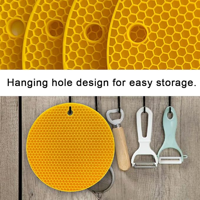 7-Inch Round Silicone Trivet Mats - 4-Pack Non-Slip Heat Resistant Hot Pads for Kitchen Countertops, Pots and Pans (Bright Yellow)